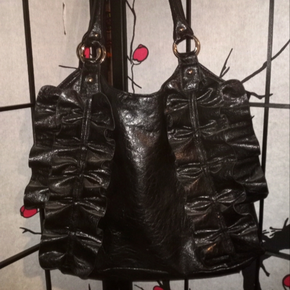 Black Ruffle Leather(like) Bag EUC Good Size!